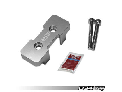 Aluminum automotive bracket with two holes, plus two bolts and a Loctite patch, branded 034 Motorsport on white background.