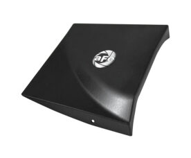 Black curved automotive splash shield with a small mounting hole and an aFe logo