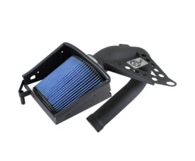 Blue pleated automotive air filter with black housing and mounting bracket, ready for installation