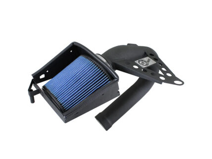Blue pleated automotive air filter with black housing and mounting bracket, ready for installation