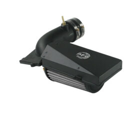 Aftermarket automotive air intake kit with a curved intake tube and rectangular black housing labeled AFE Power.