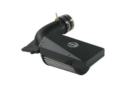 Aftermarket automotive air intake kit with a curved intake tube and rectangular black housing labeled AFE Power.