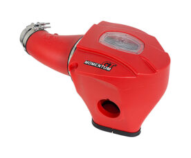 Red Momentum GT air intake unit for a vehicle, featuring a curved hose and clamp assembly with a visible air filter housing window.