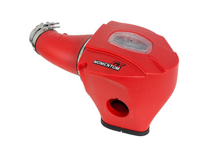 Red Momentum GT air intake unit for a vehicle, featuring a curved hose and clamp assembly with a visible air filter housing window.