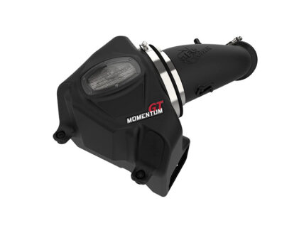 Black motorcycle exhaust with integrated LED light module and GT Momentum branding for sportbike use