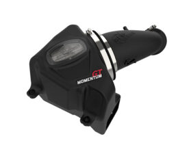 Black aftermarket motorcycle exhaust with Momentum GT branding and built-in LED housing at the front.