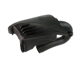 Black plastic handheld device with a curved hose and vented surface, likely a scuba regulator component or similar ventilation device.