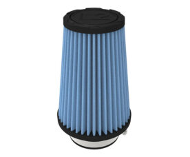 Blue pleated cylindrical air filter with black end caps used in automotive engines on intake side