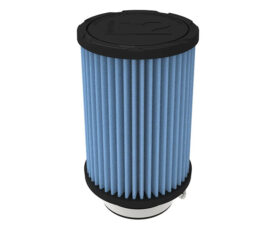 Cylindrical blue pleated air filter with black top and bottom caps used in filtration systems