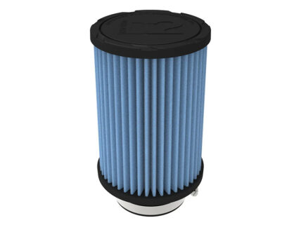 Cylindrical blue pleated air filter with black top and bottom caps used in filtration systems