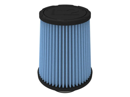 Blue cylindrical pleated air filter with black end caps, likely for a car or vacuum engine intake