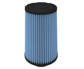 Blue pleated cylindrical air filter with black end caps (likely HVAC or automotive replacement).