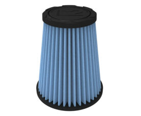 Blue pleated cone air filter with black end caps at top and base