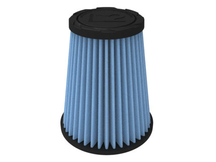 Blue pleated cone air filter with black end caps at top and base