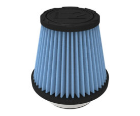 Cone-shaped blue pleated air filter with black end caps on top and bottom.