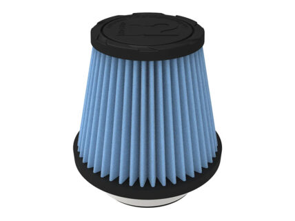 Cone-shaped blue pleated air filter with black end caps on top and bottom.