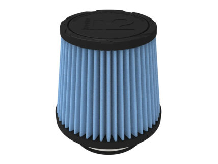 Blue pleated cylindrical air filter with black end caps, used in air purifiers or ventilation systems.