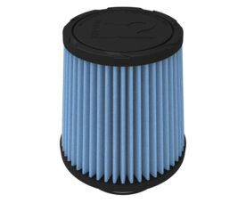 Blue pleated cylindrical air filter with black end caps, used in HVAC or air purifiers.