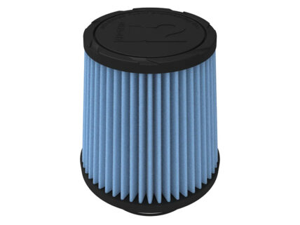 Blue pleated cylindrical air filter with black end caps, used in HVAC or air purifiers.