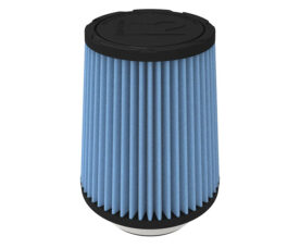 Blue pleated engine air filter with black end caps and a round base, likely for automotive use.