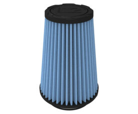Blue pleated automotive air filter with black end caps (engine intake)