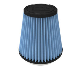 Cone-shaped blue pleated air filter with black top and bottom caps, likely for a car or small engine.