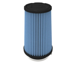 Blue pleated cylindrical air filter with black end caps, standing upright
