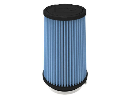 Blue pleated cylindrical air filter with black end caps, standing upright