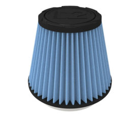 Blue pleated cone-shaped air filter with black end caps, used in engines or air intakes on cars or machinery.
