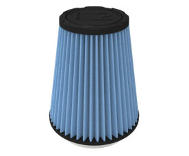 Blue pleated cone-shaped air filter with black end caps, likely a car engine air filter.