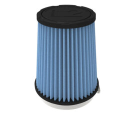 Conical blue pleated air filter with black top and bottom caps.