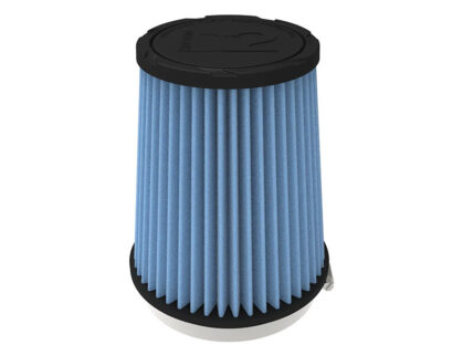 Conical blue pleated air filter with black top and bottom caps.
