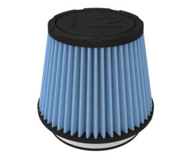 Cone-shaped blue pleated air filter with black end caps, likely a car engine air filter.