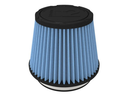 Cone-shaped blue pleated air filter with black end caps, likely a car engine air filter.