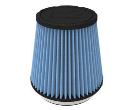 Blue pleated cone-shaped air filter with black caps on top and bottom (engine/automotive use).​