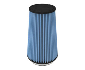 Cone-shaped blue pleated air filter with black ends.