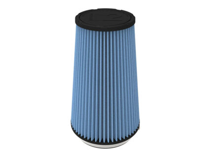 Cone-shaped blue pleated air filter with black ends.