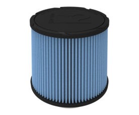 Blue cylindrical pleated air filter with black end caps, used in engines or vacuums.