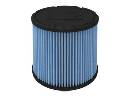 Blue cylindrical pleated air filter with black end caps, used in engines or vacuums.