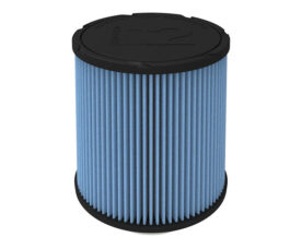Blue pleated cylindrical air filter with black end caps at top and bottom.