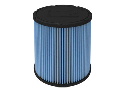Blue pleated cylindrical air filter with black end caps at top and bottom.