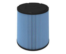 Blue pleated cylindrical air filter with black end caps, standing upright, for engine or HVAC use.