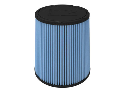 Blue pleated cylindrical air filter with black end caps, standing upright, for engine or HVAC use.
