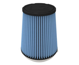 Blue cylindrical pleated air filter with black end caps, used to clean air for an engine or equipment.