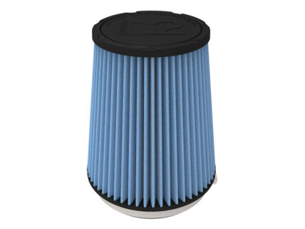 Blue cylindrical pleated air filter with black end caps, used to clean air for an engine or equipment.