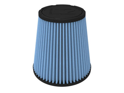 Blue conical air filter with black rubber ends, likely for a car or motorcycle intake system only showing the filter element.