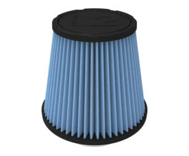 Blue pleated cone air filter with black end caps and base surface visible at bottom.