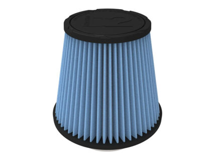 Blue pleated cone air filter with black end caps and base surface visible at bottom.