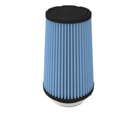 Blue pleated cylindrical air filter with black top and bottom caps.