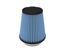 Blue pleated cylindrical car air filter with black end caps on top and bottom